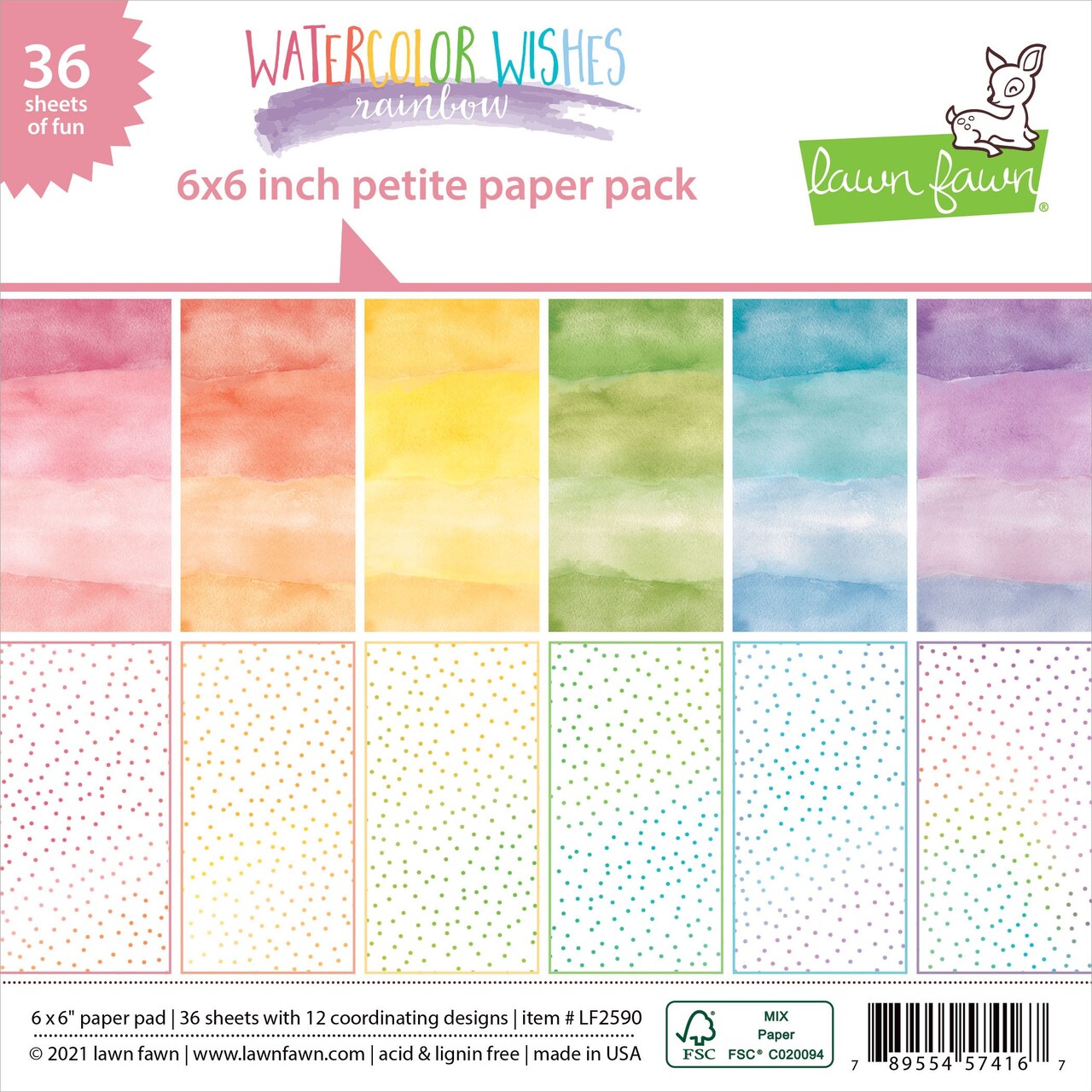 Lawn Fawn Single-Sided Petite Paper Pack 6"X6" 36/Pkg-Watercolor Wishes Rainbow, 12 Designs